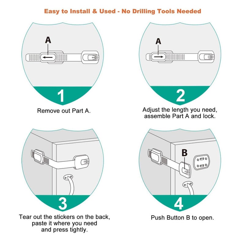 OKEFAN Child Safety Cabinet Strap Locks - OKEFAN 12 Pack Baby Proofing Adhesive Latches for Kids Drawer Cupboard Dishwasher Fridge Oven Door No Drill (White) - Image 3